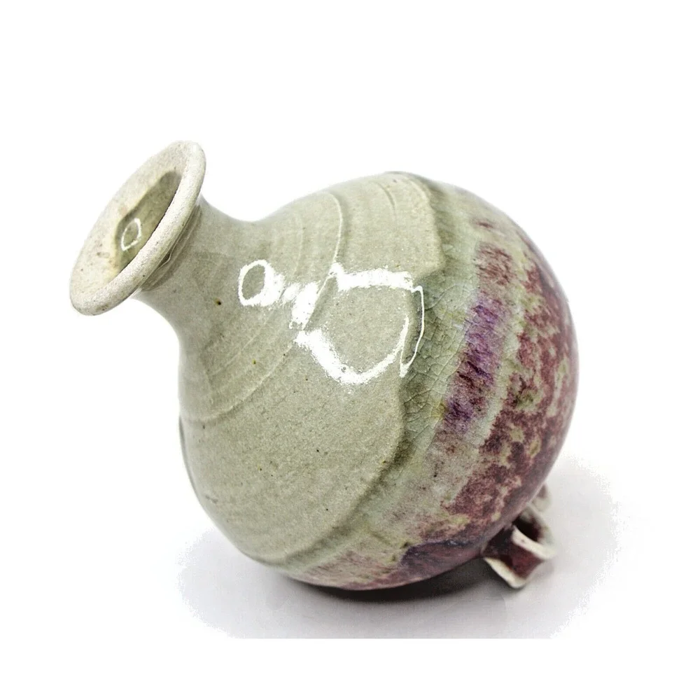 Unique Ceramic Art Pottery Vase Tilted 3 Ring Stand Handmade Red Beige Green
